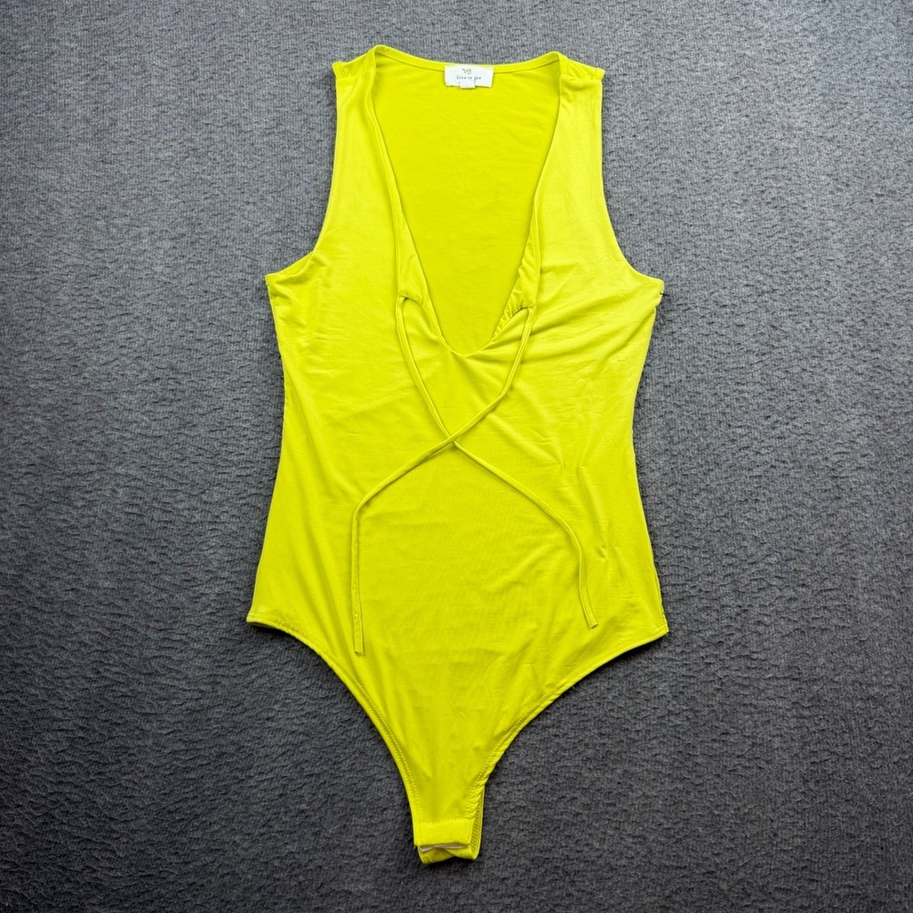 Live in the Moment Bodysuit Womens Medium Neon Yellow Deep V-Neck Crisscross Tie